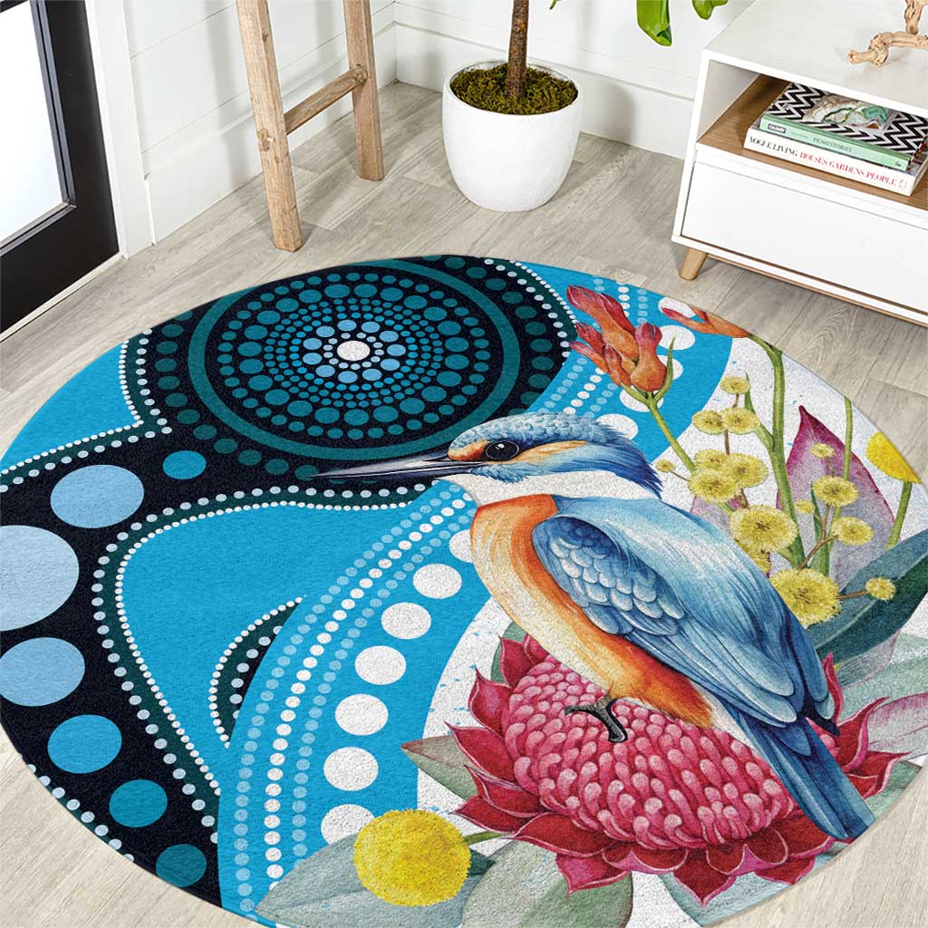 Australia Azure Kingfisher Round Carpet Australian Native Flowers Indigenous Art - Aussie Hoodie