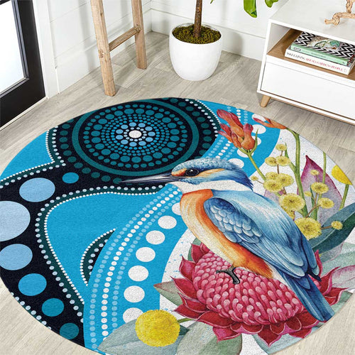 Australia Azure Kingfisher Round Carpet Australian Native Flowers Indigenous Art - Aussie Hoodie