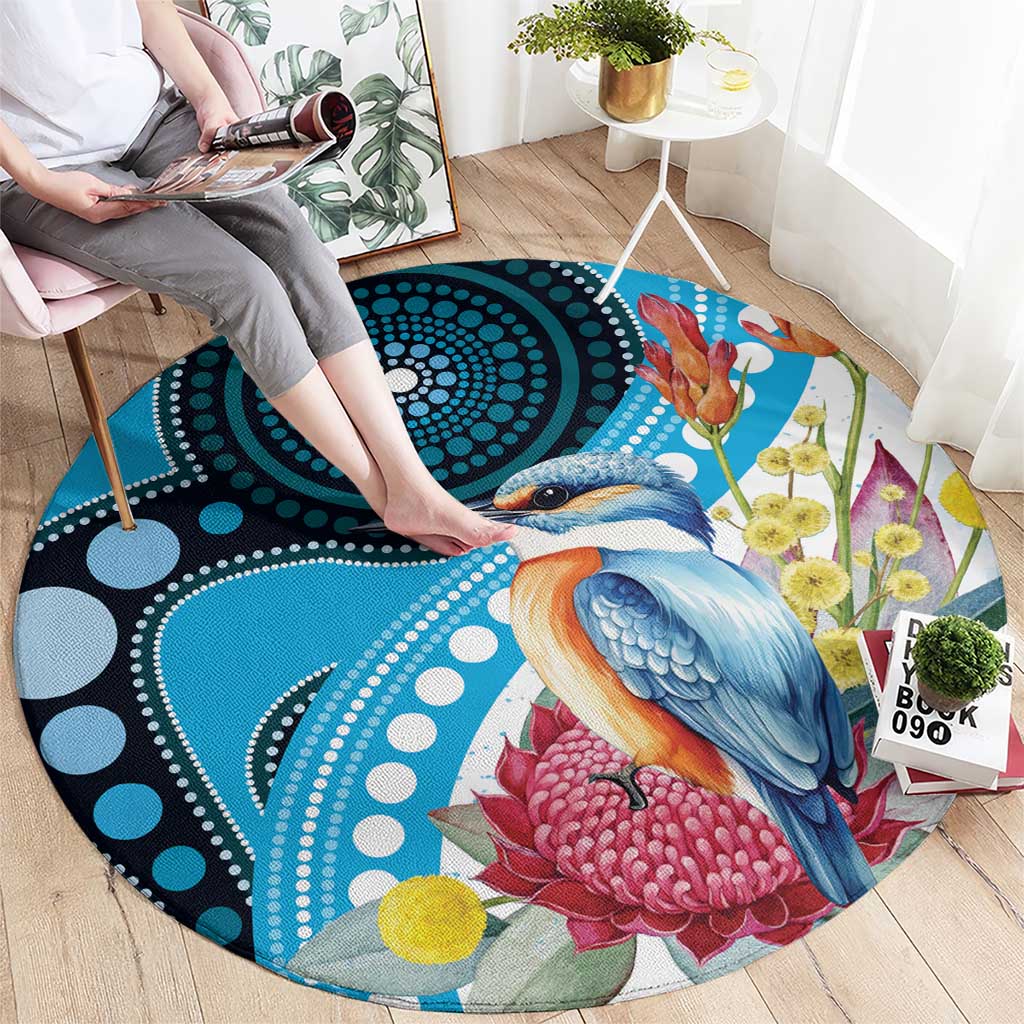 Australia Azure Kingfisher Round Carpet Australian Native Flowers Indigenous Art - Aussie Hoodie