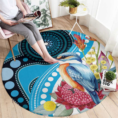 Australia Azure Kingfisher Round Carpet Australian Native Flowers Indigenous Art - Aussie Hoodie