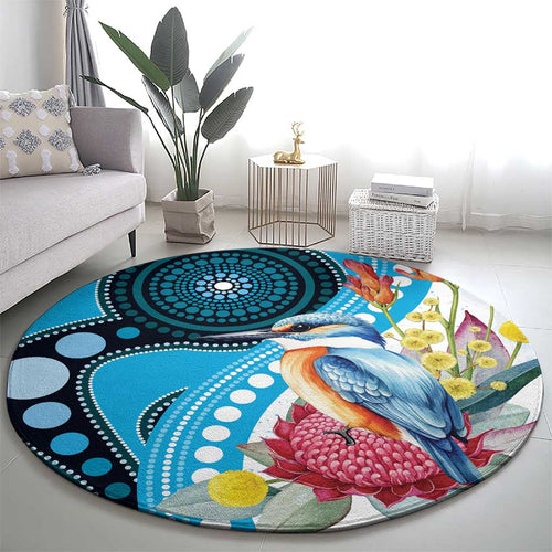 Australia Azure Kingfisher Round Carpet Australian Native Flowers Indigenous Art - Aussie Hoodie