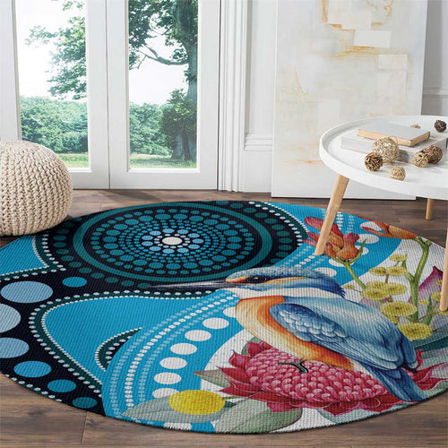Australia Azure Kingfisher Round Carpet Australian Native Flowers Indigenous Art - Aussie Hoodie
