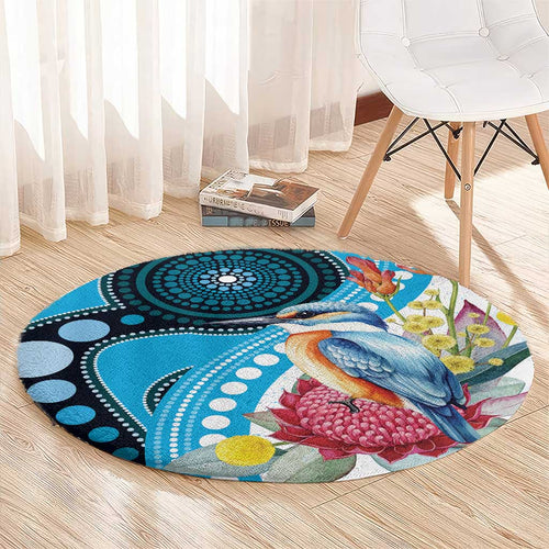 Australia Azure Kingfisher Round Carpet Australian Native Flowers Indigenous Art - Aussie Hoodie