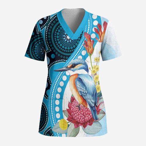 Australia Azure Kingfisher Scrub Top Australian Native Flowers Indigenous Art - Aussie Hoodie