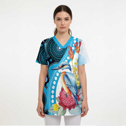 Australia Azure Kingfisher Scrub Top Australian Native Flowers Indigenous Art - Aussie Hoodie