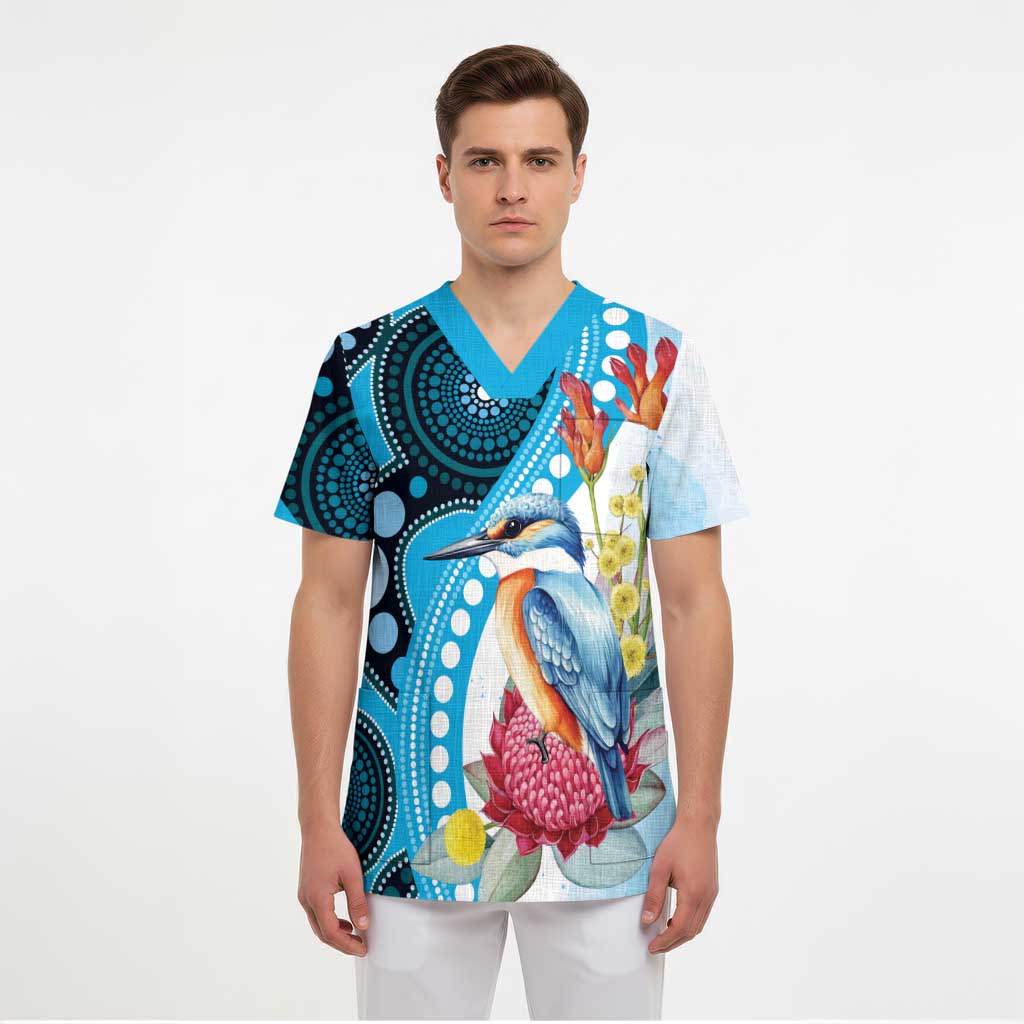 Australia Azure Kingfisher Scrub Top Australian Native Flowers Indigenous Art - Aussie Hoodie