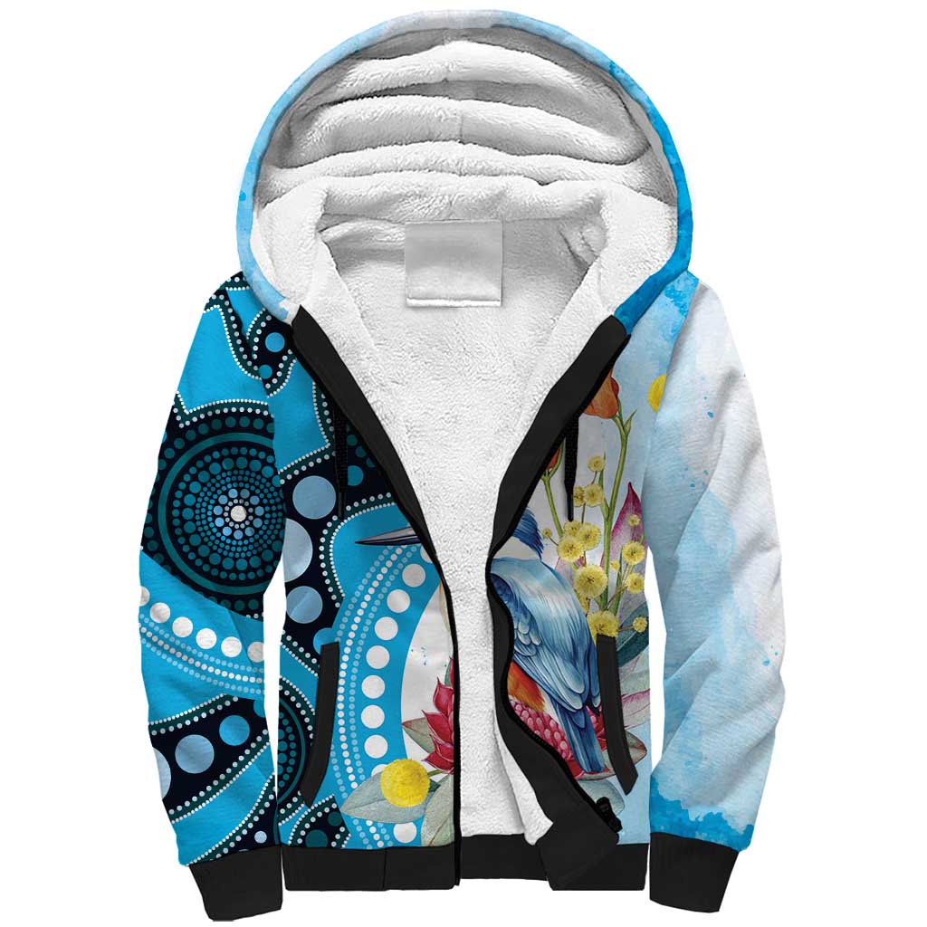 Australia Azure Kingfisher Sherpa Hoodie Australian Native Flowers Indigenous Art - Aussie Hoodie