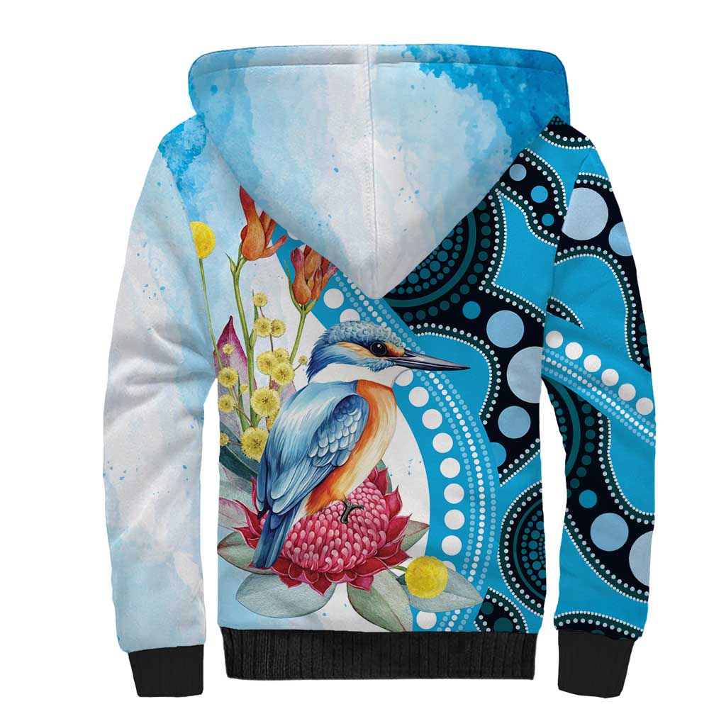 Australia Azure Kingfisher Sherpa Hoodie Australian Native Flowers Indigenous Art - Aussie Hoodie