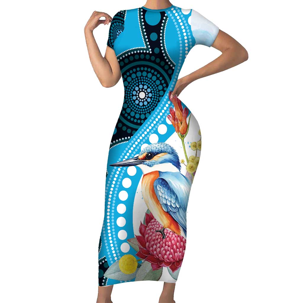 Australia Azure Kingfisher Short Sleeve Bodycon Dress Australian Native Flowers Indigenous Art - Aussie Hoodie