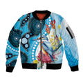 Australia Azure Kingfisher Sleeve Zip Bomber Jacket Australian Native Flowers Indigenous Art - Aussie Hoodie