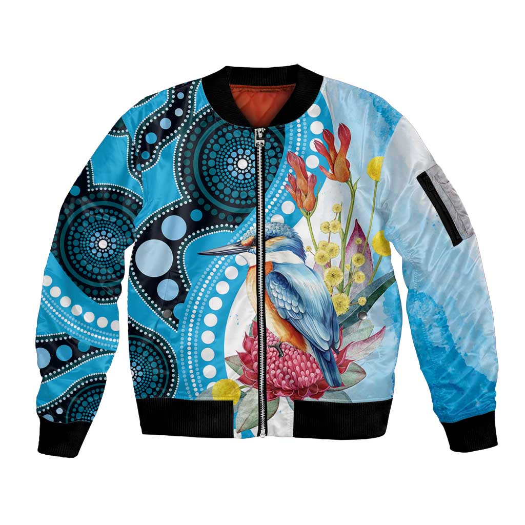 Australia Azure Kingfisher Sleeve Zip Bomber Jacket Australian Native Flowers Indigenous Art - Aussie Hoodie