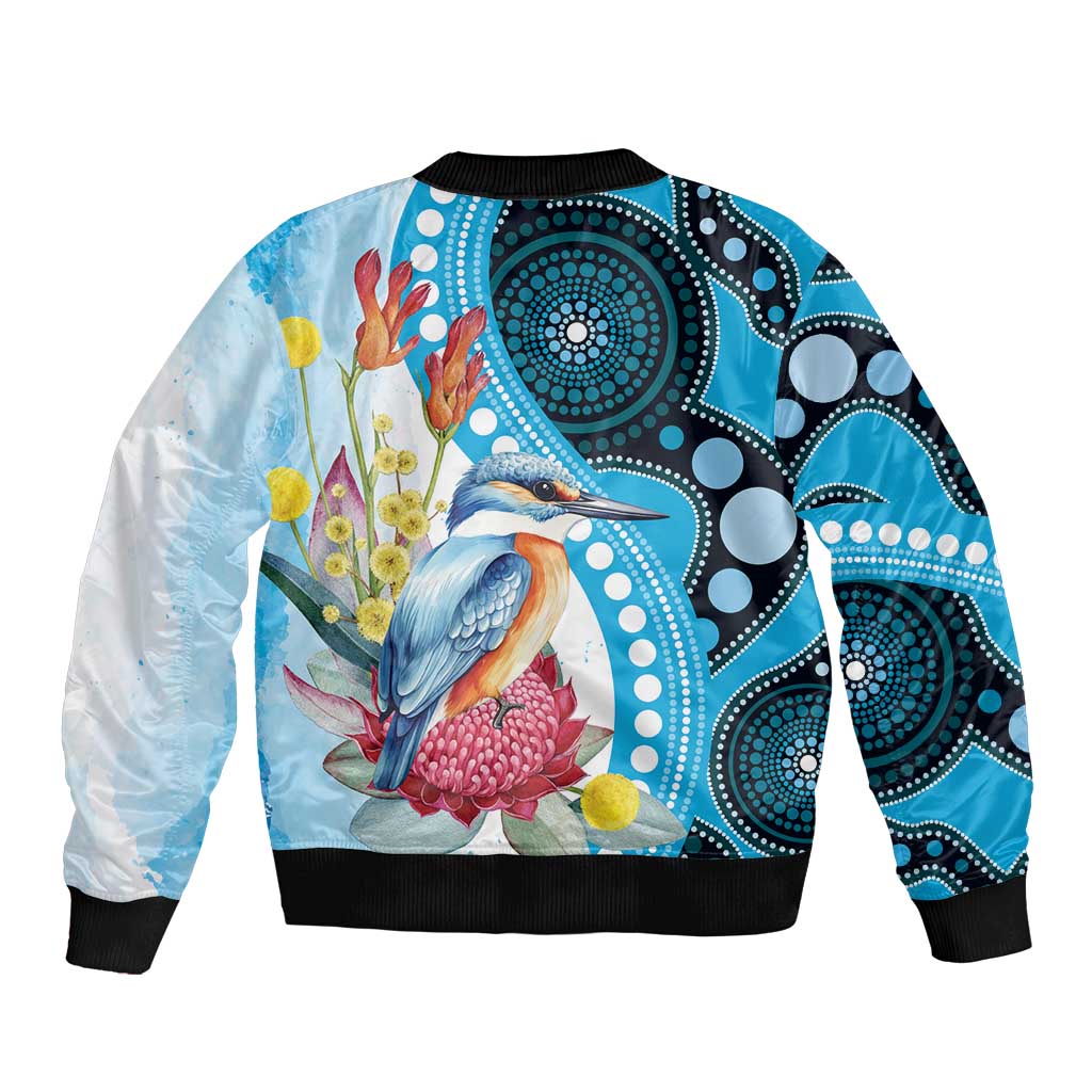 Australia Azure Kingfisher Sleeve Zip Bomber Jacket Australian Native Flowers Indigenous Art - Aussie Hoodie