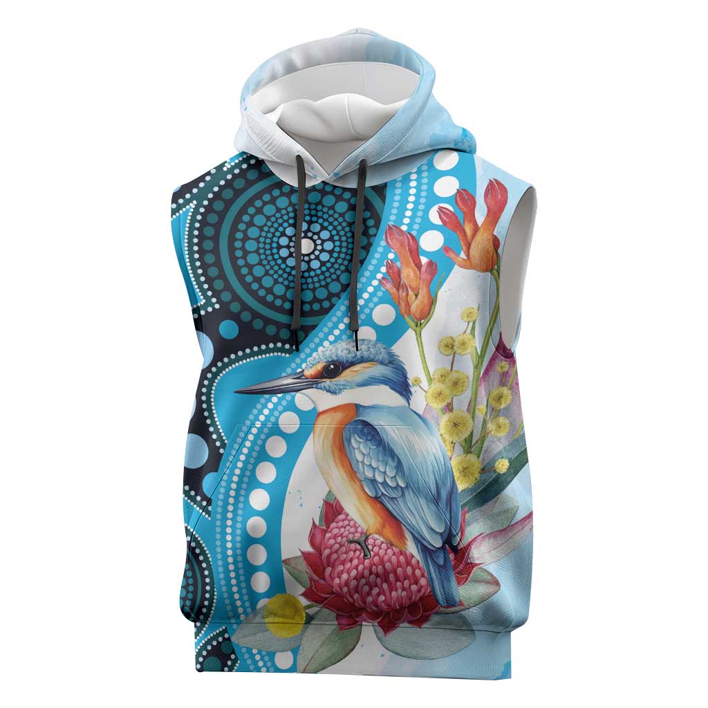 Australia Azure Kingfisher Sleeveless Hoodie Australian Native Flowers Indigenous Art - Aussie Hoodie