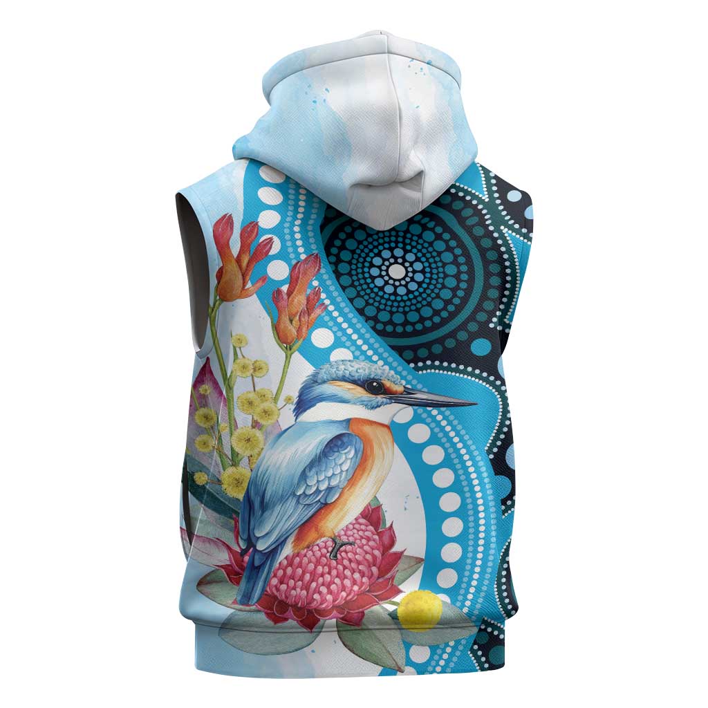 Australia Azure Kingfisher Sleeveless Hoodie Australian Native Flowers Indigenous Art - Aussie Hoodie