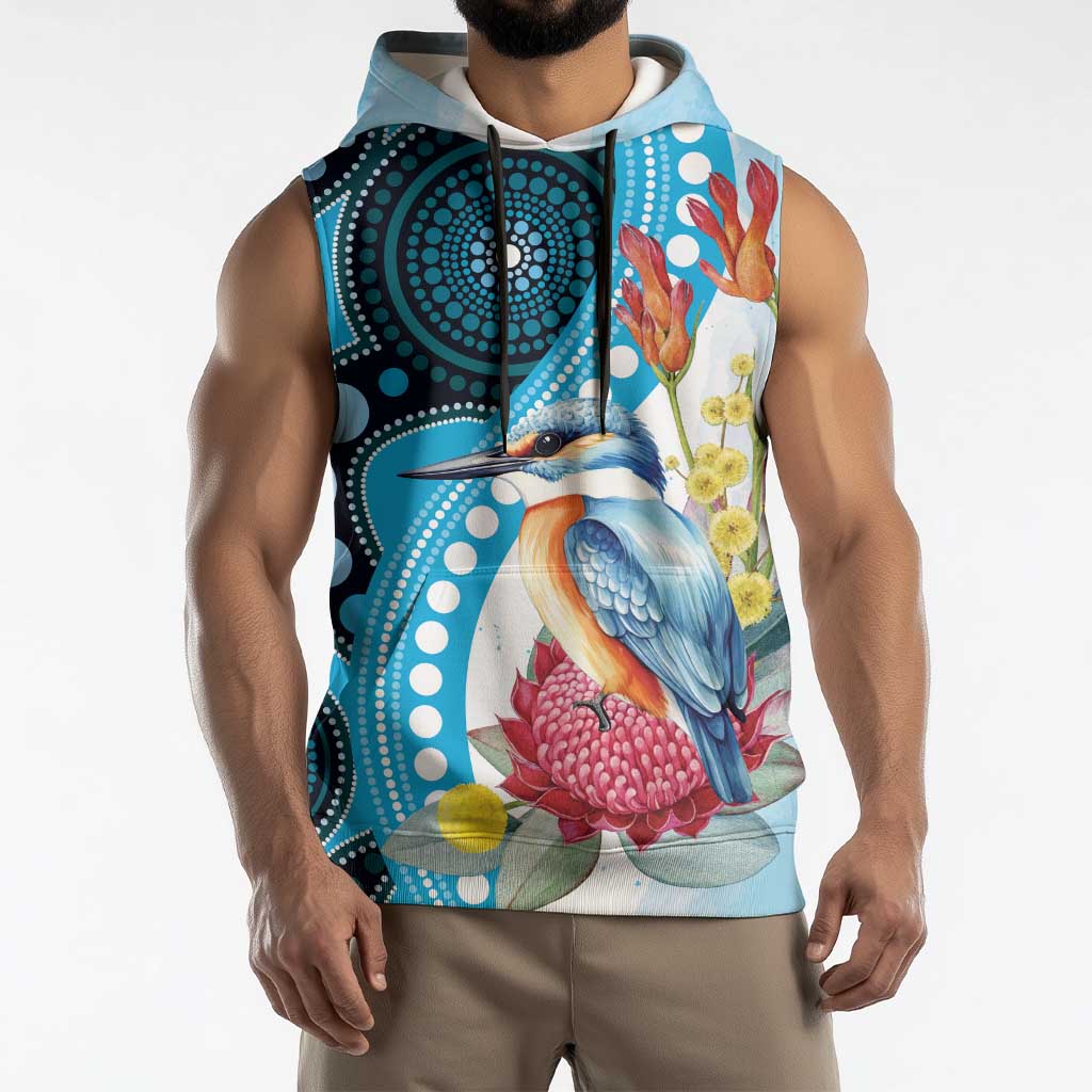 Australia Azure Kingfisher Sleeveless Hoodie Australian Native Flowers Indigenous Art - Aussie Hoodie