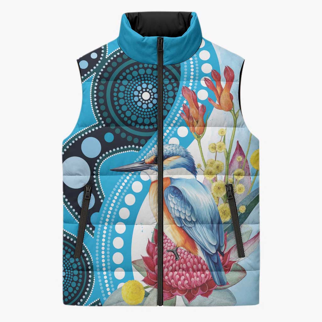 Australia Azure Kingfisher Sleeveless Puffer Jacket Australian Native Flowers Indigenous Art - Aussie Hoodie