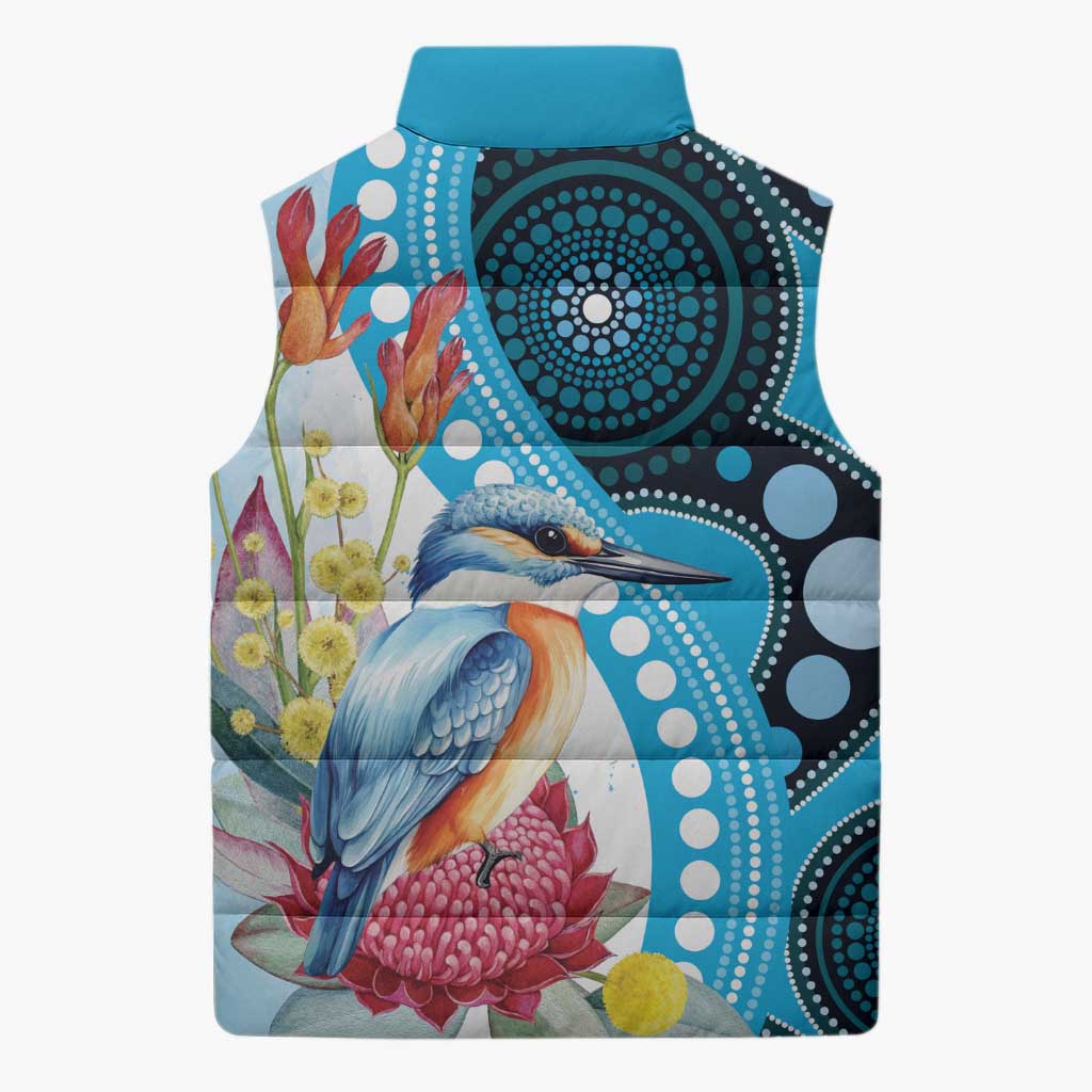 Australia Azure Kingfisher Sleeveless Puffer Jacket Australian Native Flowers Indigenous Art - Aussie Hoodie