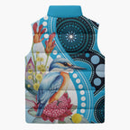 Australia Azure Kingfisher Sleeveless Puffer Jacket Australian Native Flowers Indigenous Art - Aussie Hoodie