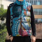 Australia Azure Kingfisher Sleeveless Puffer Jacket Australian Native Flowers Indigenous Art - Aussie Hoodie