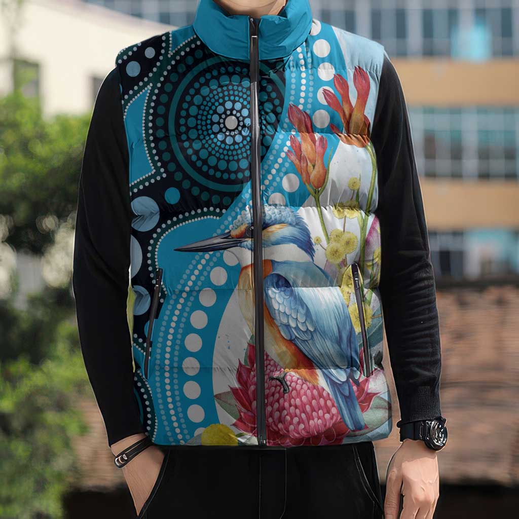 Australia Azure Kingfisher Sleeveless Puffer Jacket Australian Native Flowers Indigenous Art - Aussie Hoodie