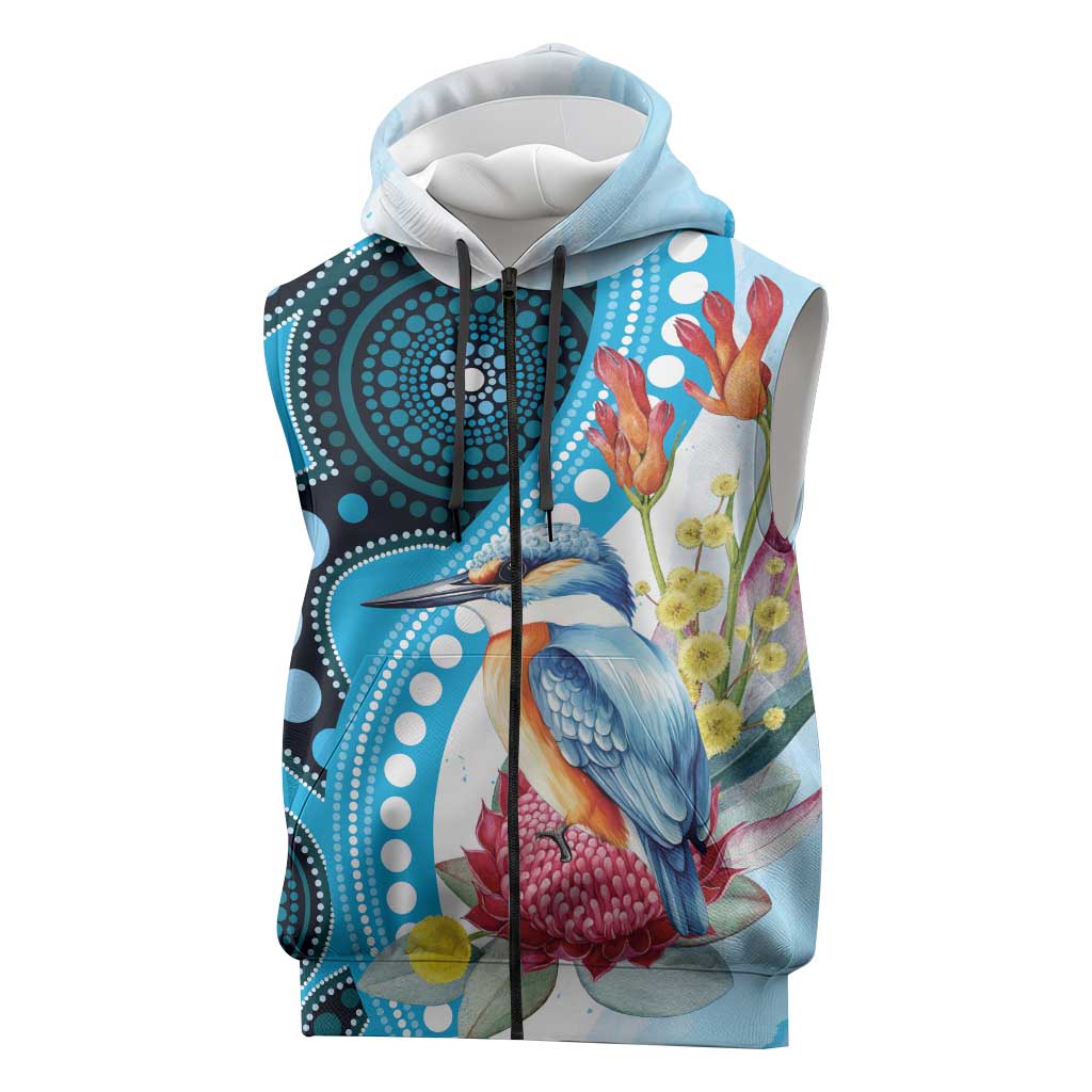 Australia Azure Kingfisher Sleeveless Zip Hoodie Australian Native Flowers Indigenous Art - Aussie Hoodie