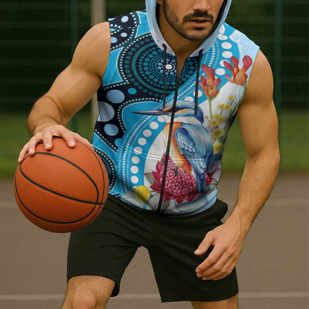 Australia Azure Kingfisher Sleeveless Zip Hoodie Australian Native Flowers Indigenous Art - Aussie Hoodie