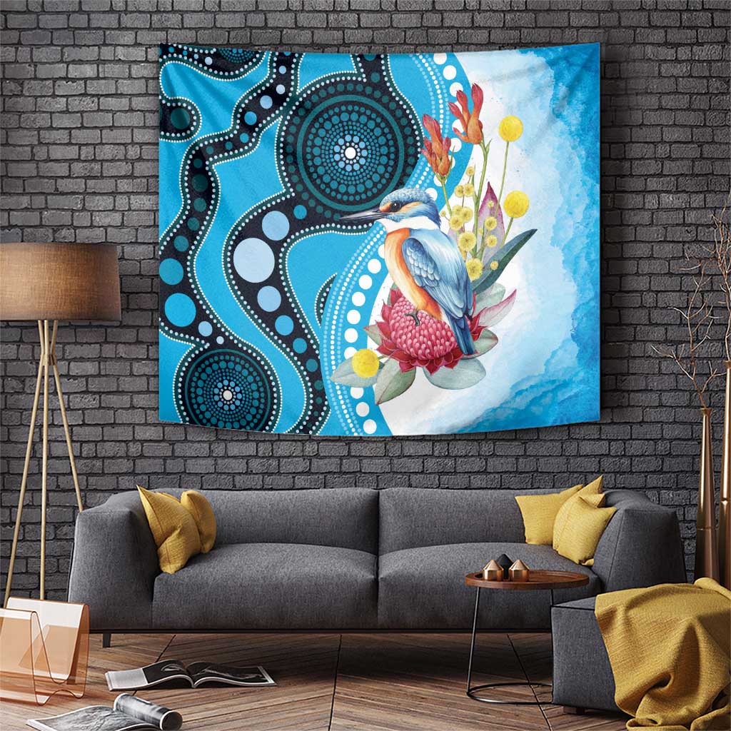 Australia Azure Kingfisher Tapestry Australian Native Flowers Indigenous Art - Aussie Hoodie