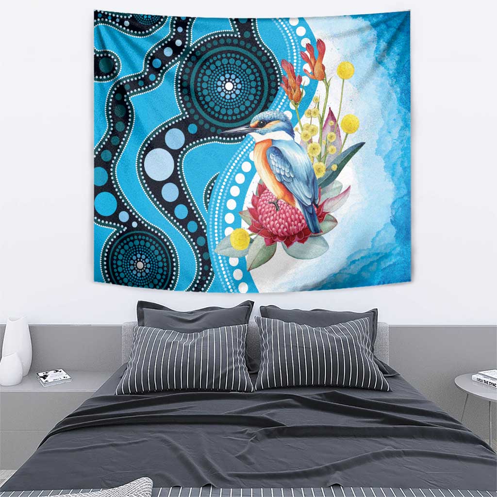 Australia Azure Kingfisher Tapestry Australian Native Flowers Indigenous Art - Aussie Hoodie