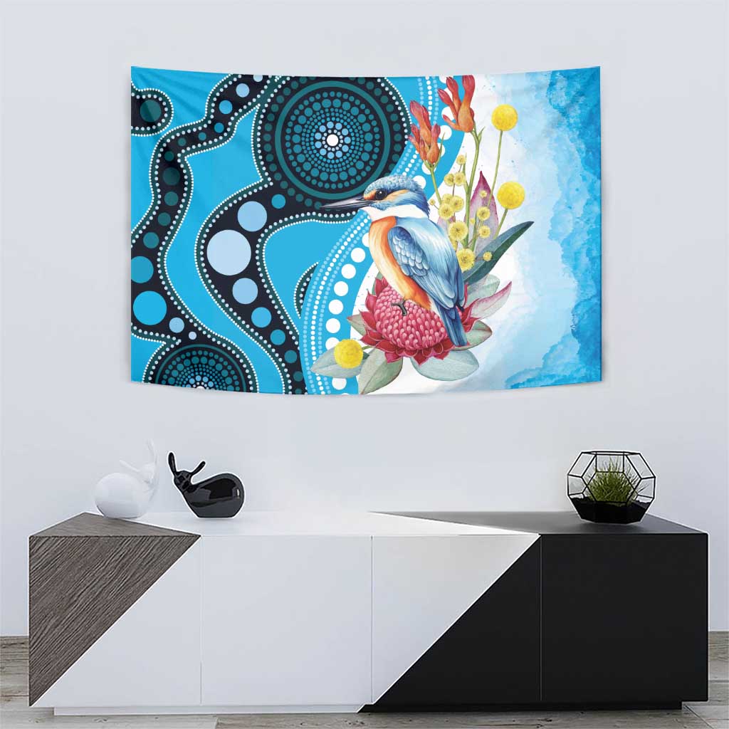 Australia Azure Kingfisher Tapestry Australian Native Flowers Indigenous Art - Aussie Hoodie