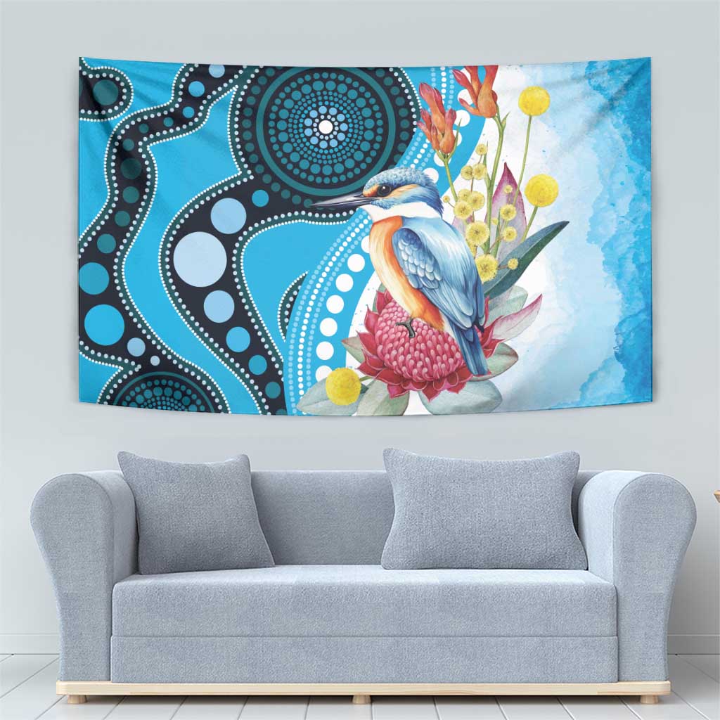 Australia Azure Kingfisher Tapestry Australian Native Flowers Indigenous Art - Aussie Hoodie
