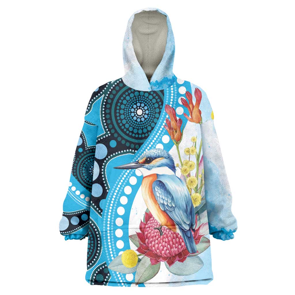 Australia Azure Kingfisher Wearable Blanket Hoodie Australian Native Flowers Indigenous Art - Aussie Hoodie