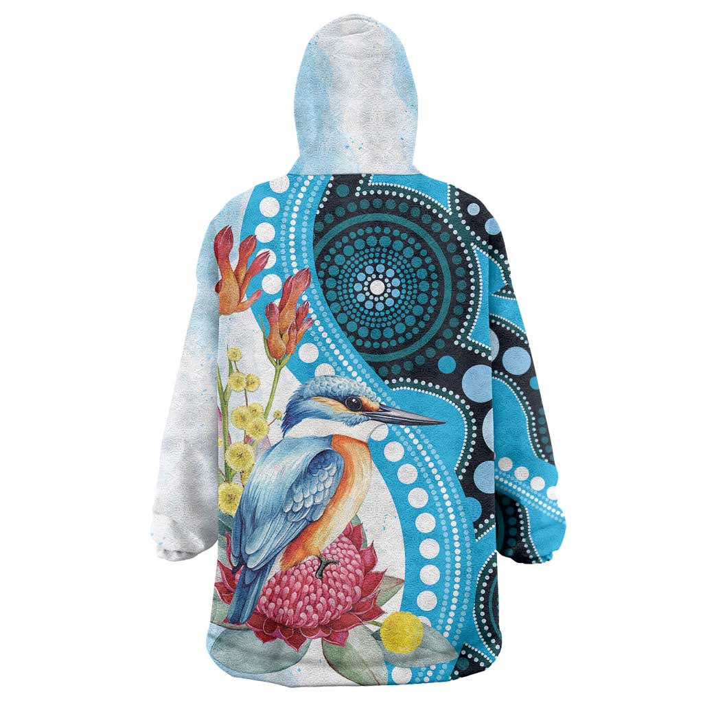 Australia Azure Kingfisher Wearable Blanket Hoodie Australian Native Flowers Indigenous Art - Aussie Hoodie
