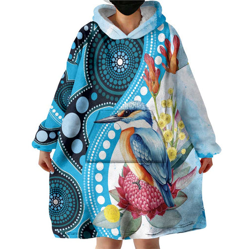 Australia Azure Kingfisher Wearable Blanket Hoodie Australian Native Flowers Indigenous Art - Aussie Hoodie