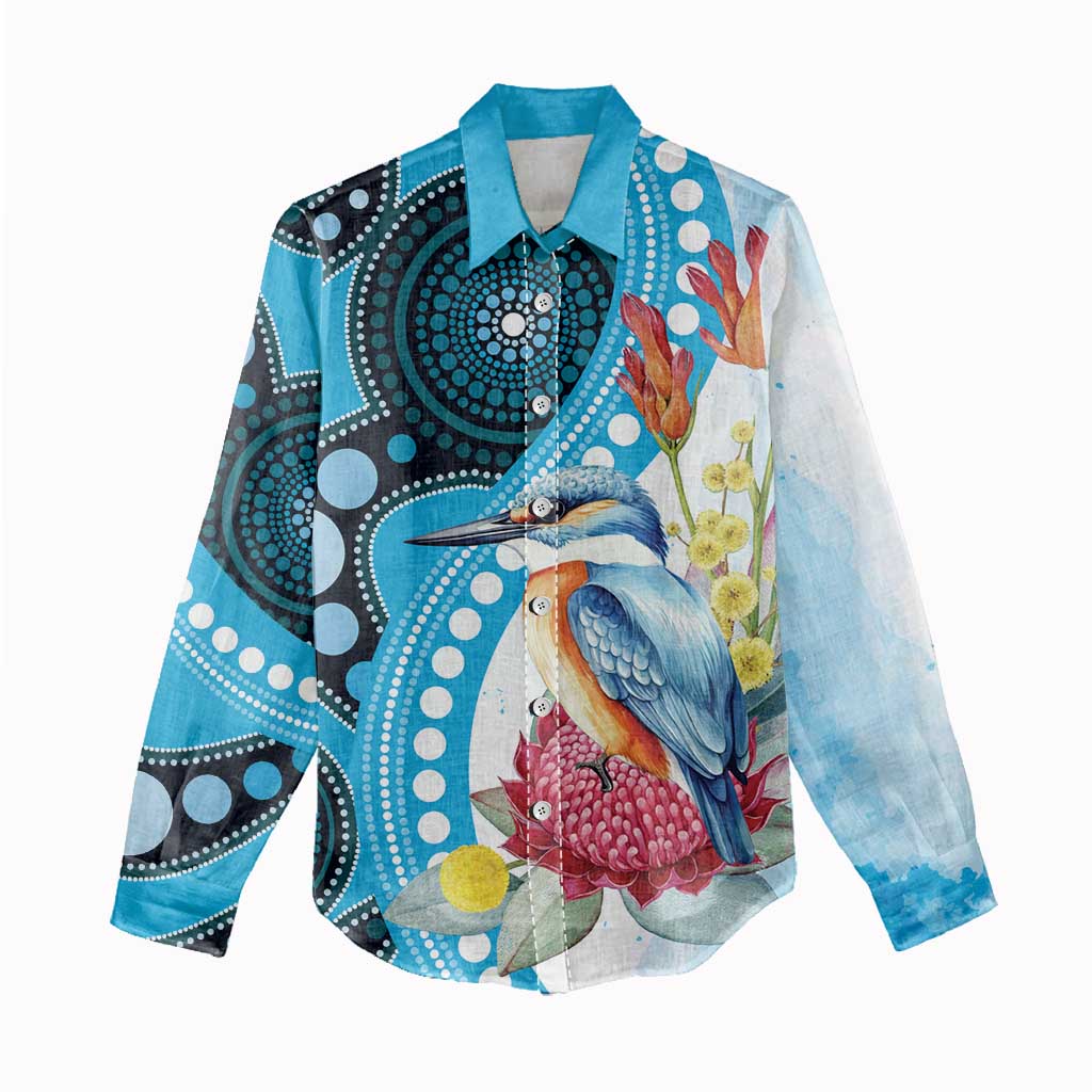 Australia Azure Kingfisher Women Casual Shirt Australian Native Flowers Indigenous Art - Aussie Hoodie