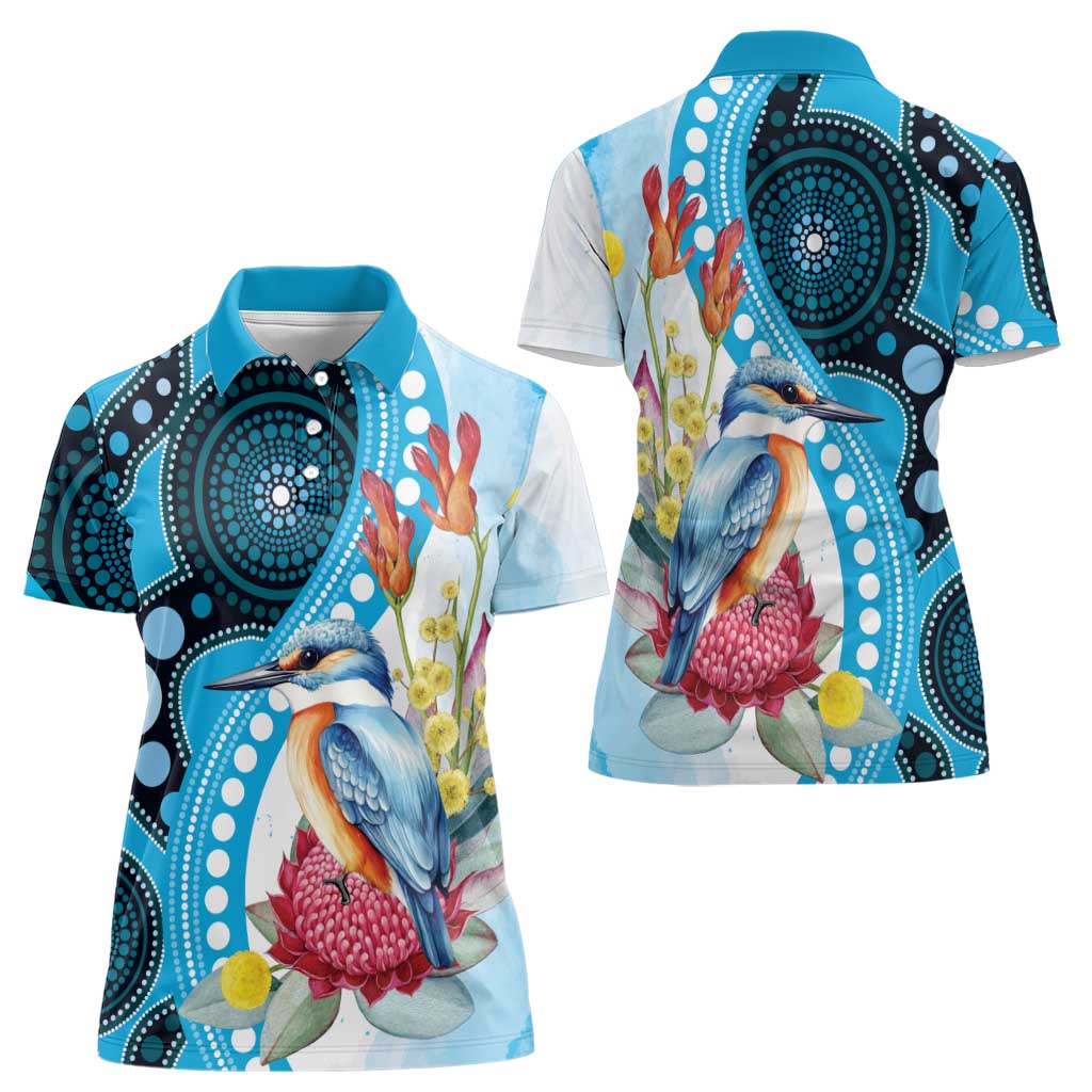Australia Azure Kingfisher Women Polo Shirt Australian Native Flowers Indigenous Art - Aussie Hoodie