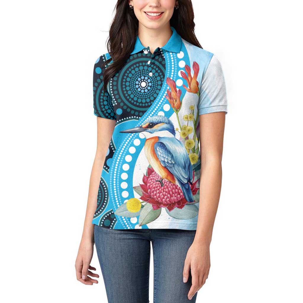 Australia Azure Kingfisher Women Polo Shirt Australian Native Flowers Indigenous Art - Aussie Hoodie
