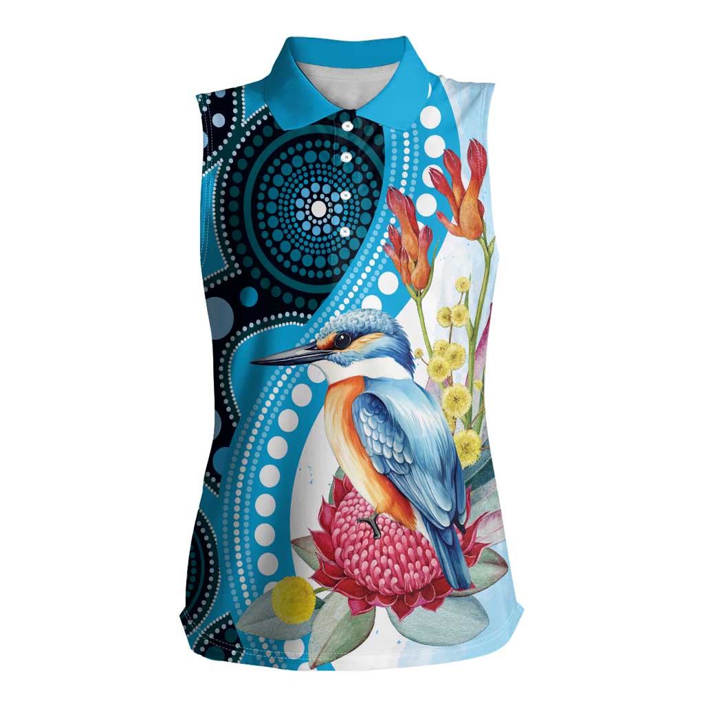 Australia Azure Kingfisher Women Sleeveless Polo Shirt Australian Native Flowers Indigenous Art - Aussie Hoodie