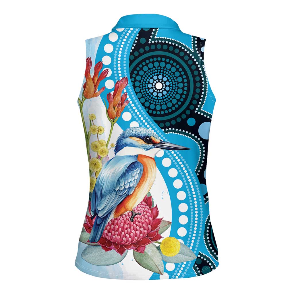 Australia Azure Kingfisher Women Sleeveless Polo Shirt Australian Native Flowers Indigenous Art - Aussie Hoodie