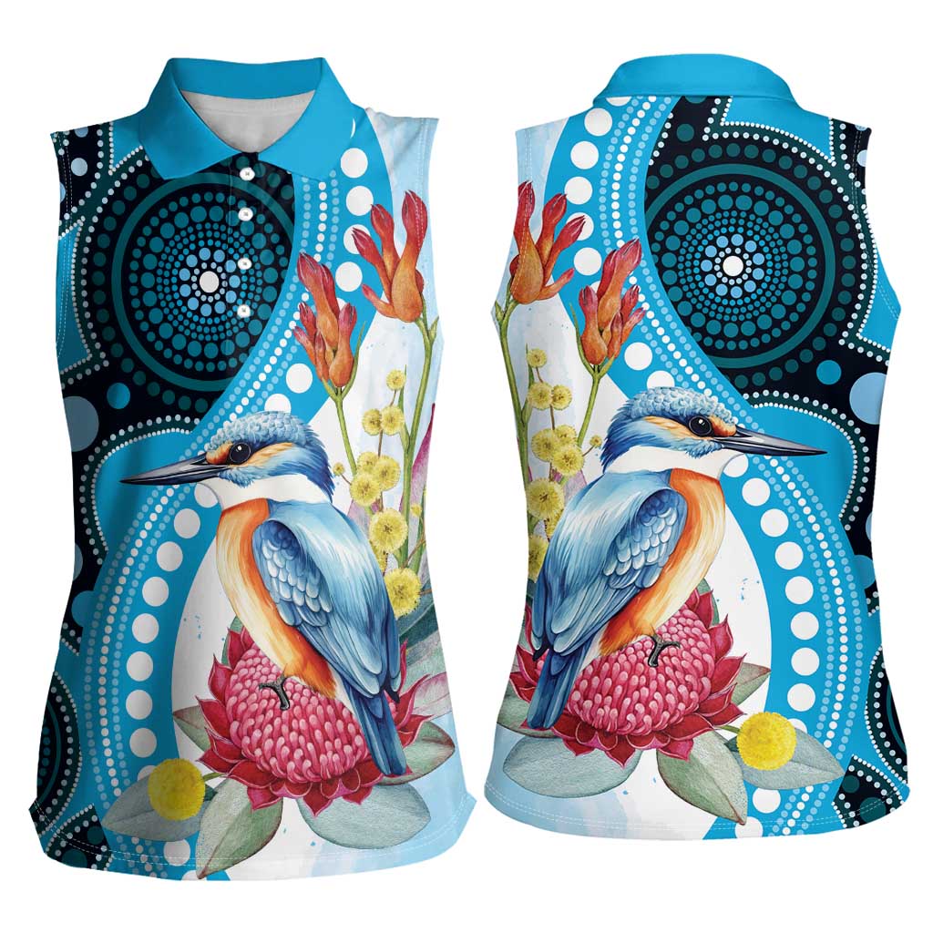 Australia Azure Kingfisher Women Sleeveless Polo Shirt Australian Native Flowers Indigenous Art - Aussie Hoodie