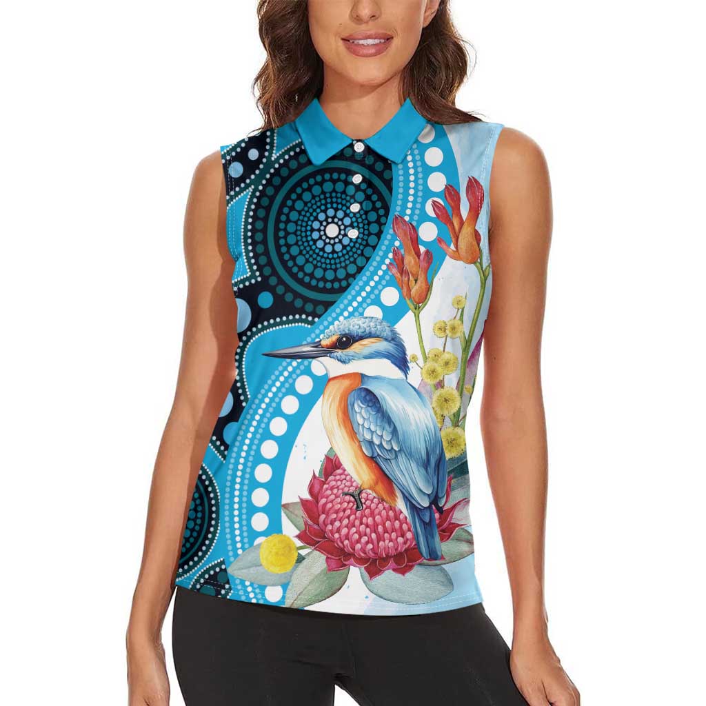 Australia Azure Kingfisher Women Sleeveless Polo Shirt Australian Native Flowers Indigenous Art - Aussie Hoodie