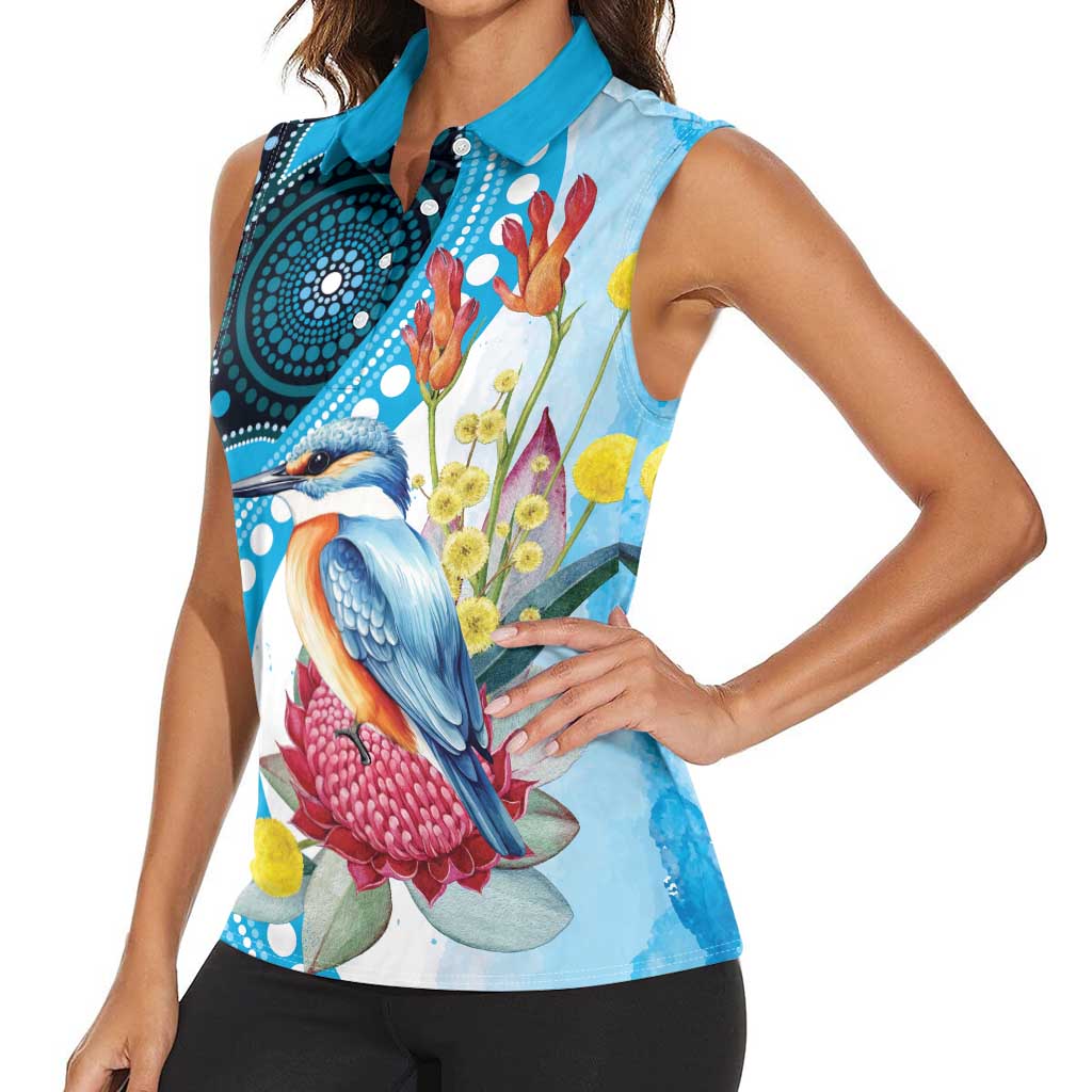 Australia Azure Kingfisher Women Sleeveless Polo Shirt Australian Native Flowers Indigenous Art - Aussie Hoodie