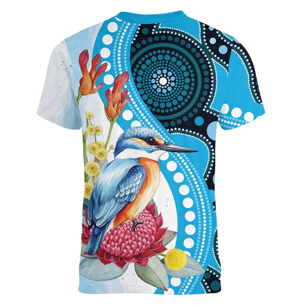 Australia Azure Kingfisher Women V-Neck T-Shirt Australian Native Flowers Indigenous Art - Aussie Hoodie