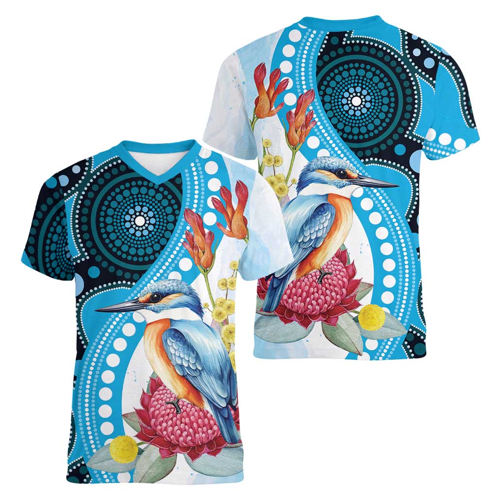 Australia Azure Kingfisher Women V-Neck T-Shirt Australian Native Flowers Indigenous Art - Aussie Hoodie