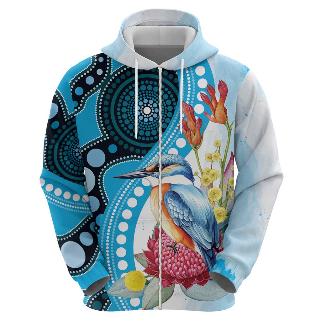 Australia Azure Kingfisher Zip Hoodie Australian Native Flowers Indigenous Art - Aussie Hoodie