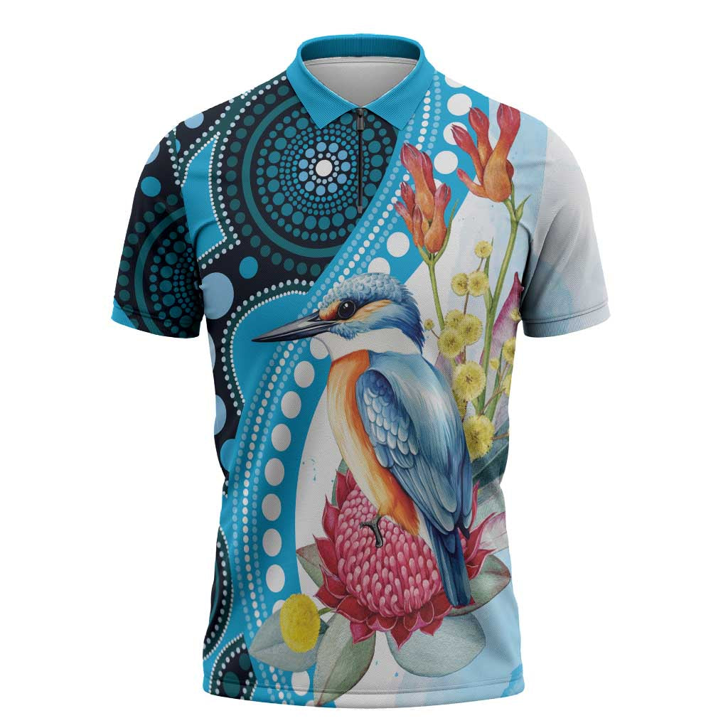Australia Azure Kingfisher Zipper Polo Shirt Australian Native Flowers Indigenous Art - Aussie Hoodie