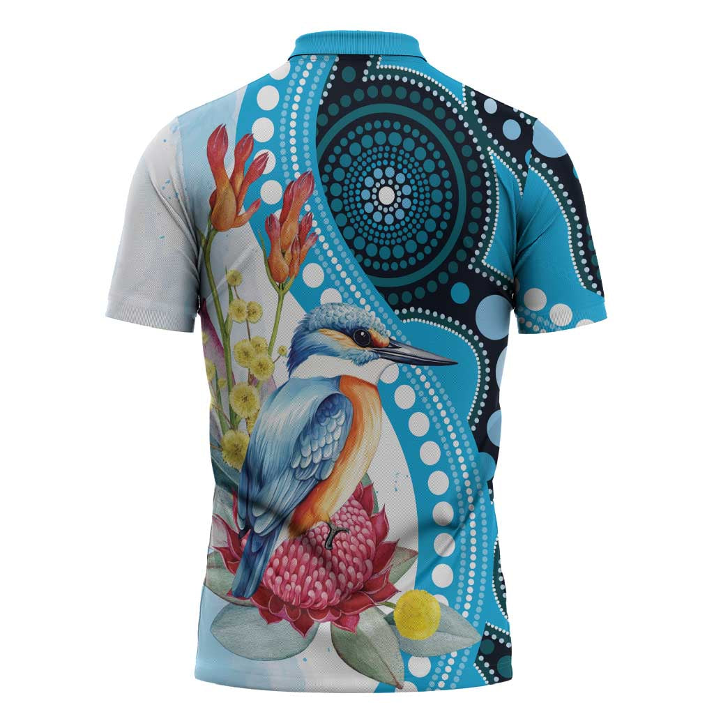 Australia Azure Kingfisher Zipper Polo Shirt Australian Native Flowers Indigenous Art - Aussie Hoodie