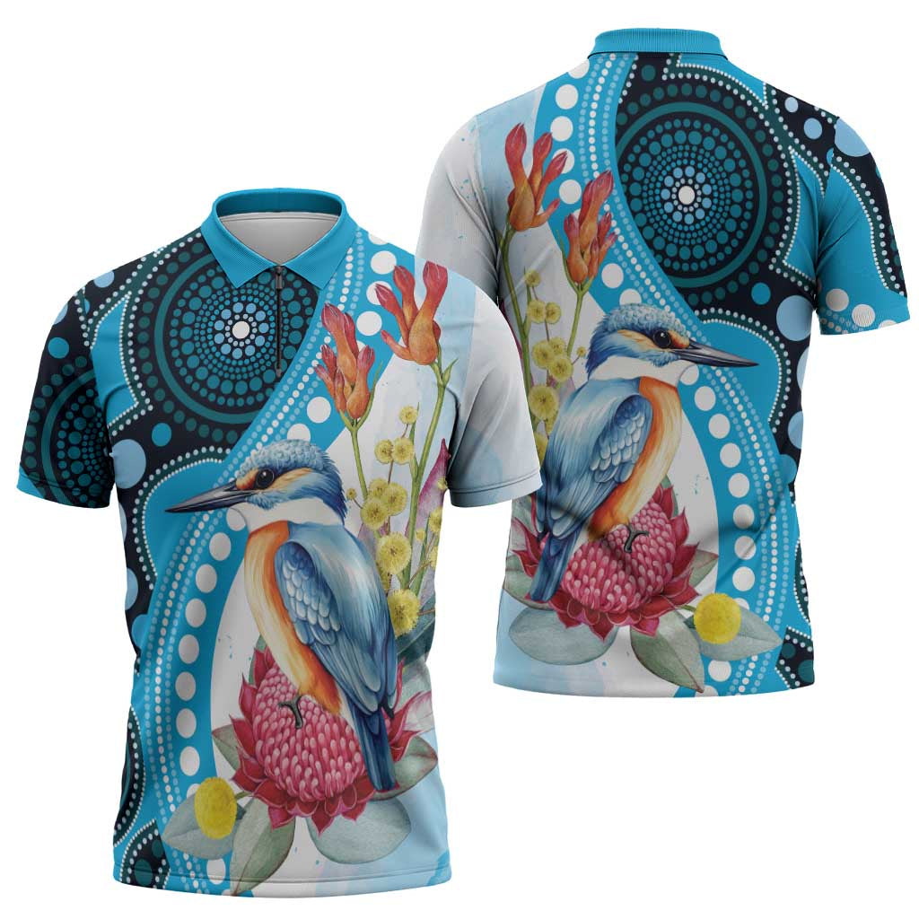 Australia Azure Kingfisher Zipper Polo Shirt Australian Native Flowers Indigenous Art - Aussie Hoodie