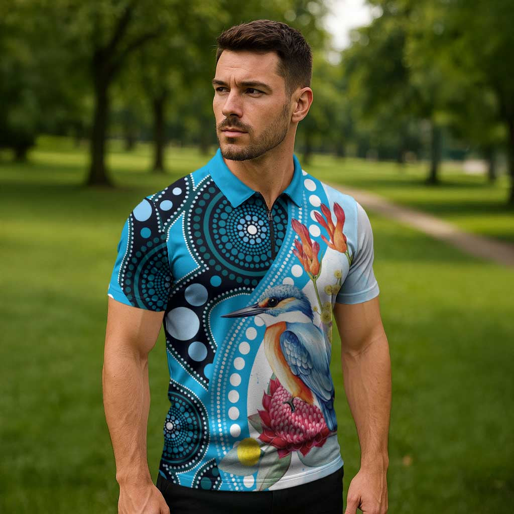 Australia Azure Kingfisher Zipper Polo Shirt Australian Native Flowers Indigenous Art - Aussie Hoodie