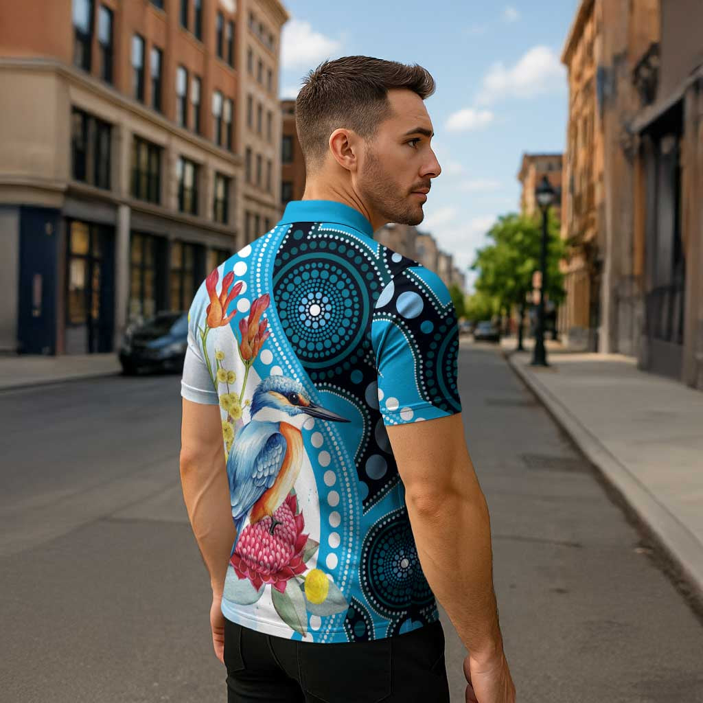 Australia Azure Kingfisher Zipper Polo Shirt Australian Native Flowers Indigenous Art - Aussie Hoodie