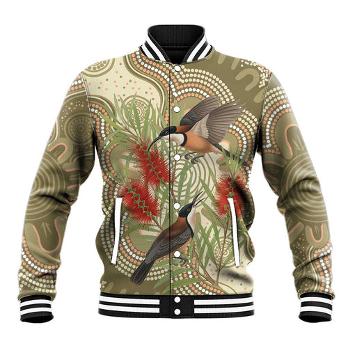 Australia Eastern Spinebill Baseball Jacket Aussie Honeyeater Bottlebrush Indigenous Art - Aussie Hoodie